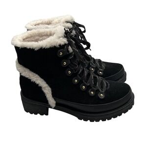 Tory Burch Women Cooper Suede Shearling Lined Lace-up Black Lug Boots size 8